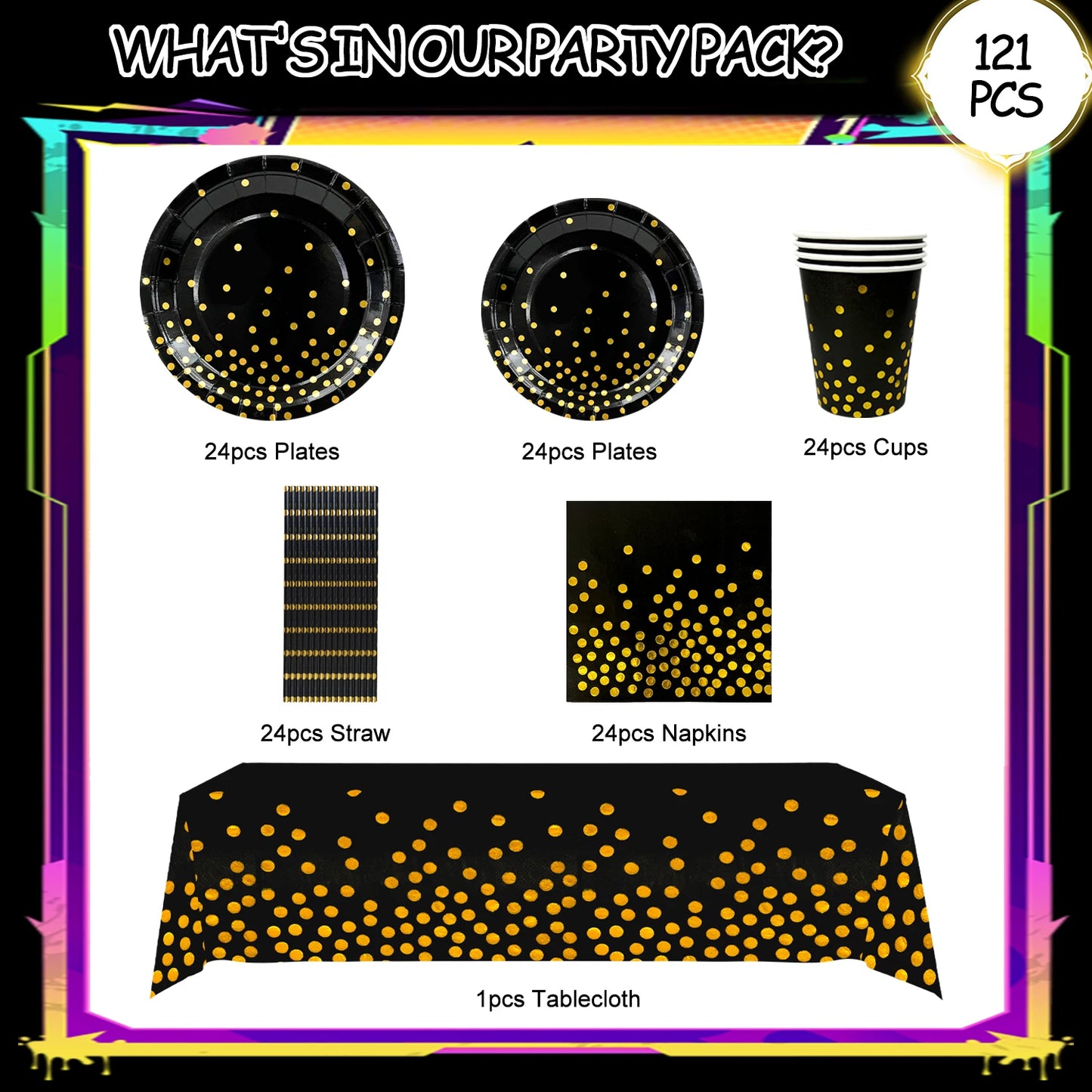 Black & Gold Party Pack – 121pcs Elegant Paper Tableware Set for Special Occasions