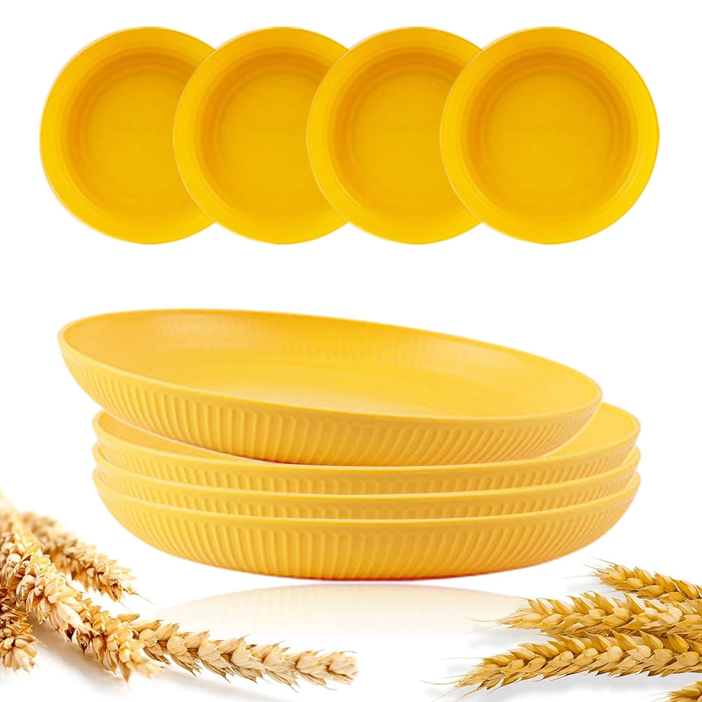 8Pcs Round Plastic Wheat Straw Plates Stackable Unbreakable