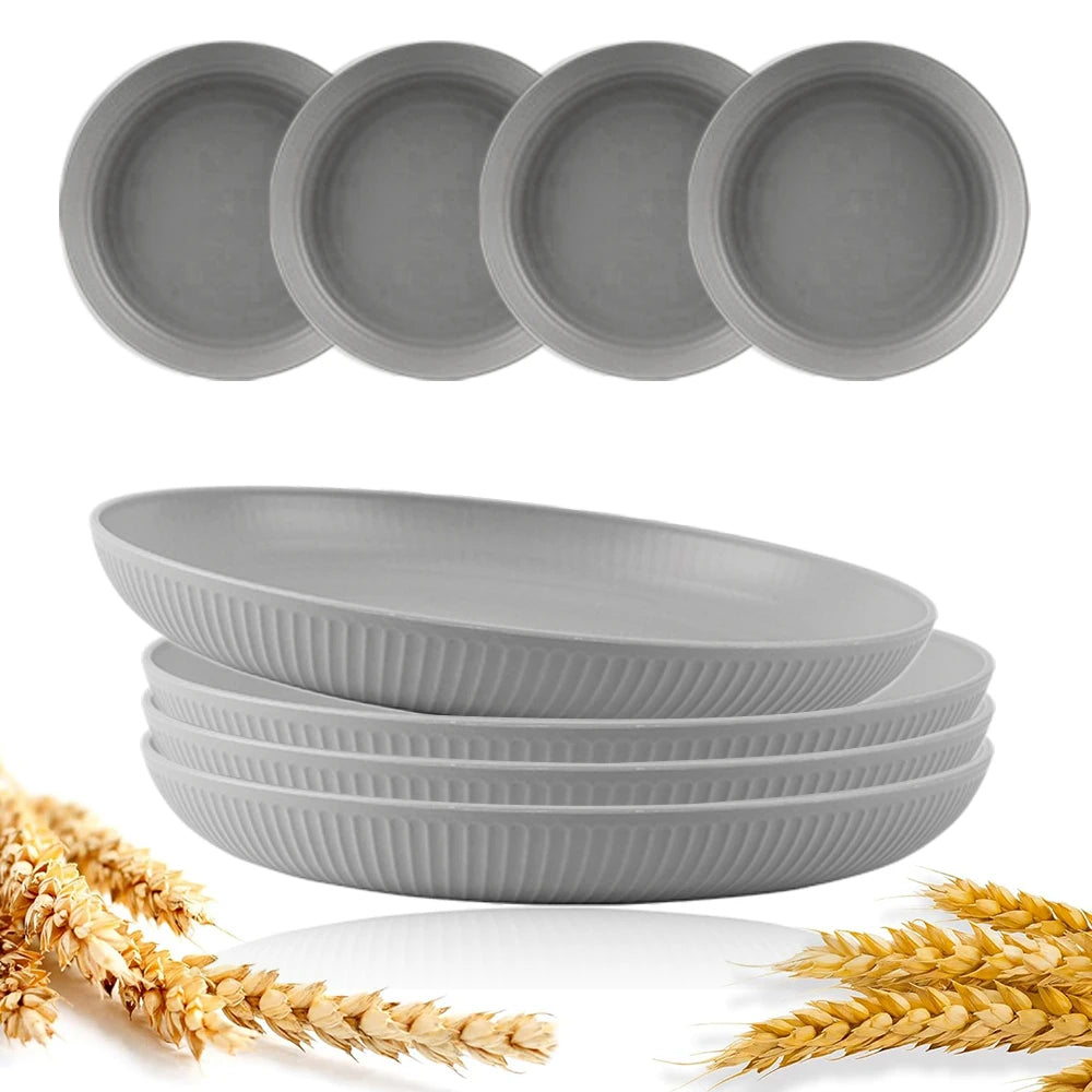 8Pcs Round Plastic Wheat Straw Plates Stackable Unbreakable