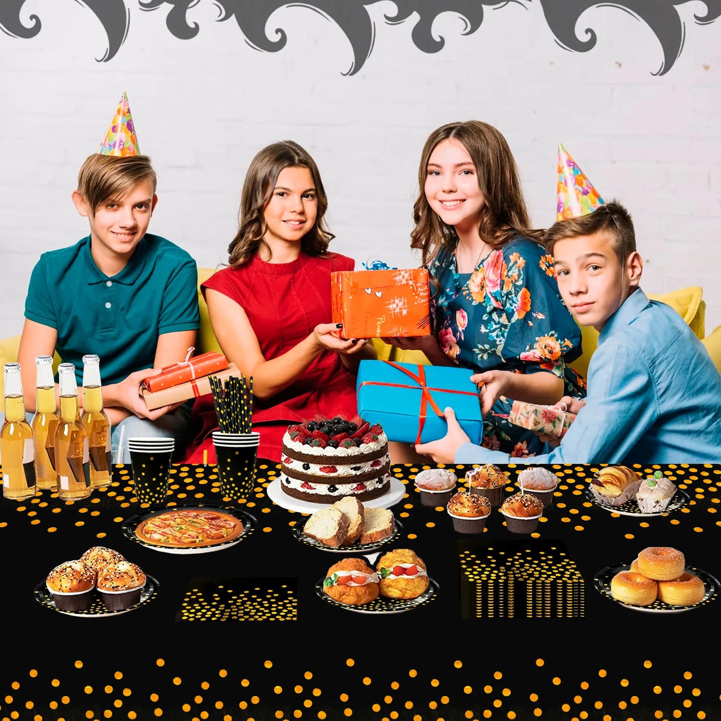 Black & Gold Party Pack – 121pcs Elegant Paper Tableware Set for Special Occasions