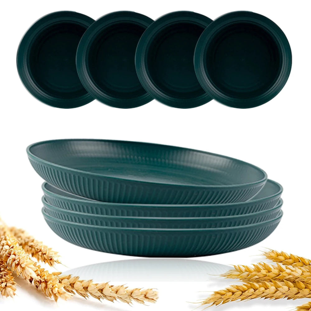 8Pcs Round Plastic Wheat Straw Plates Stackable Unbreakable