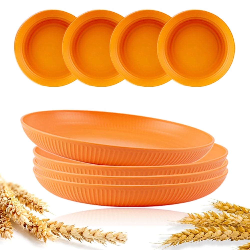 8Pcs Round Plastic Wheat Straw Plates Stackable Unbreakable