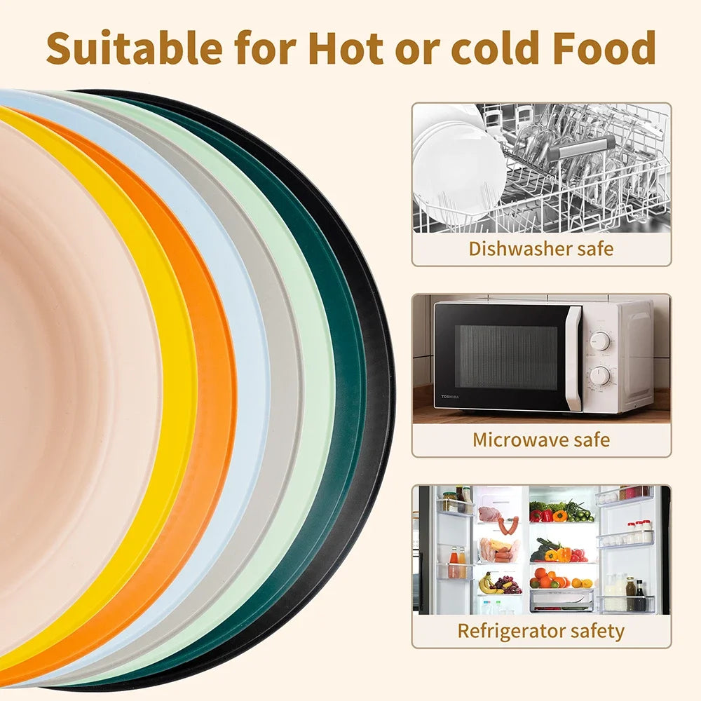 8Pcs Round Plastic Wheat Straw Plates Stackable Unbreakable