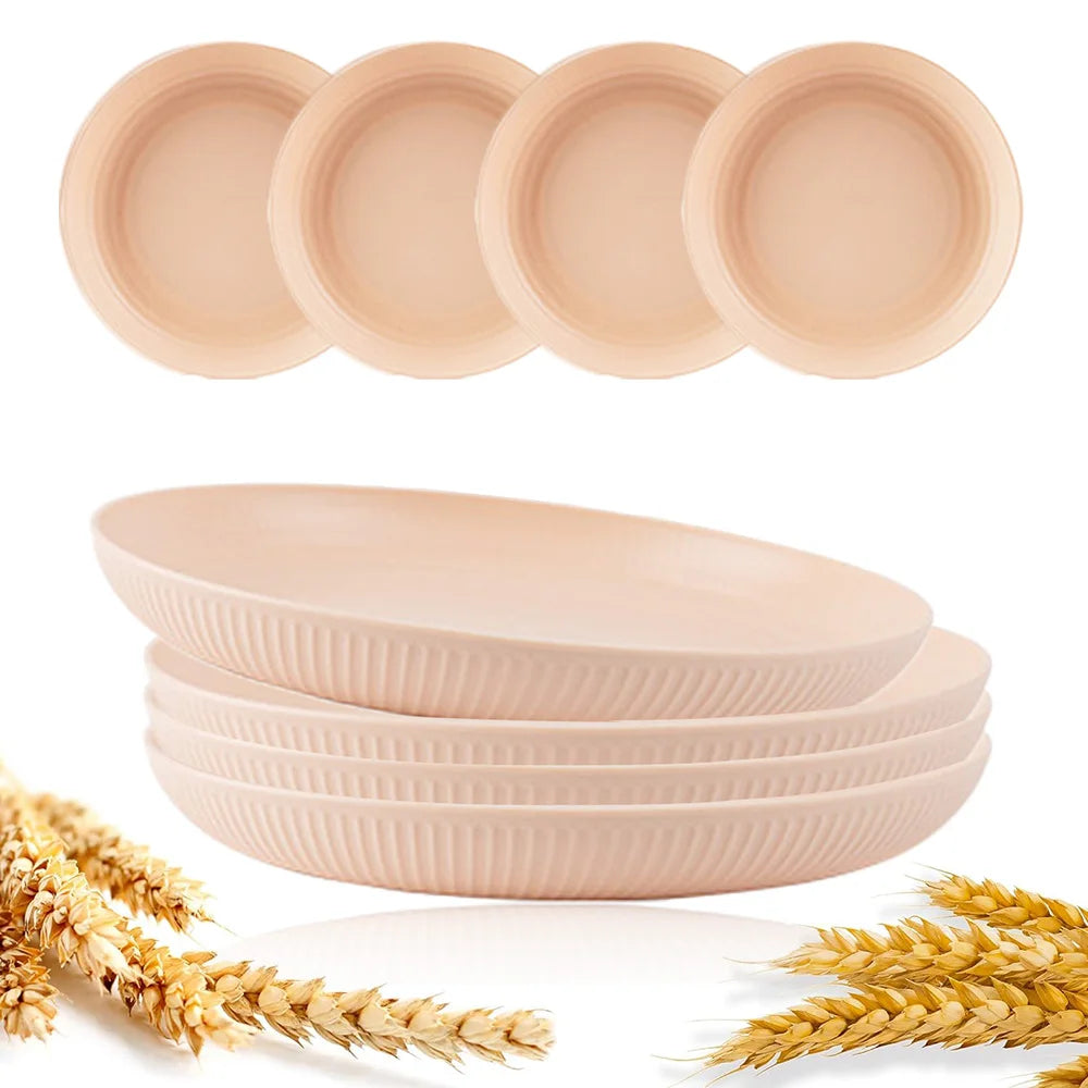 8Pcs Round Plastic Wheat Straw Plates Stackable Unbreakable