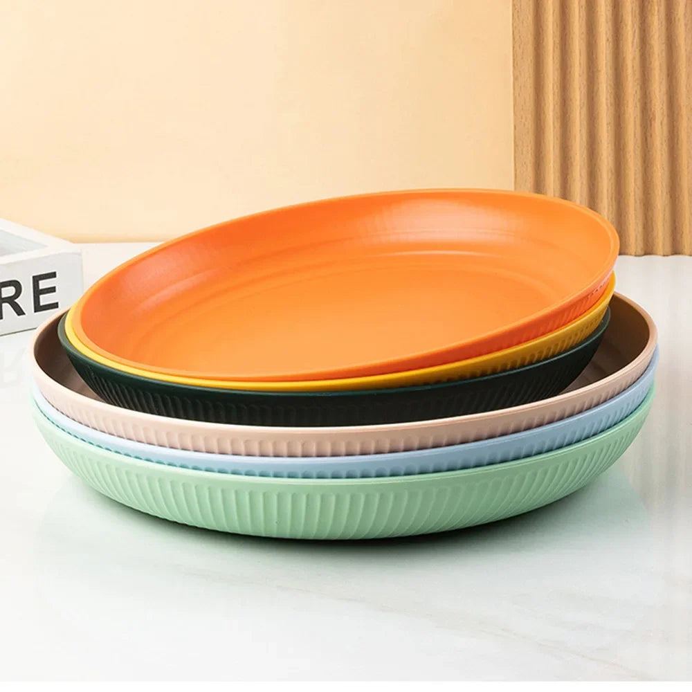 8Pcs Round Plastic Wheat Straw Plates Stackable Unbreakable