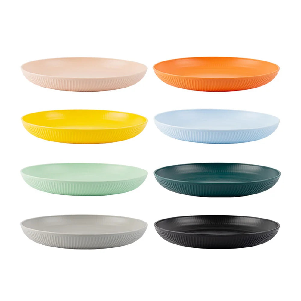 8Pcs Round Plastic Wheat Straw Plates Stackable Unbreakable