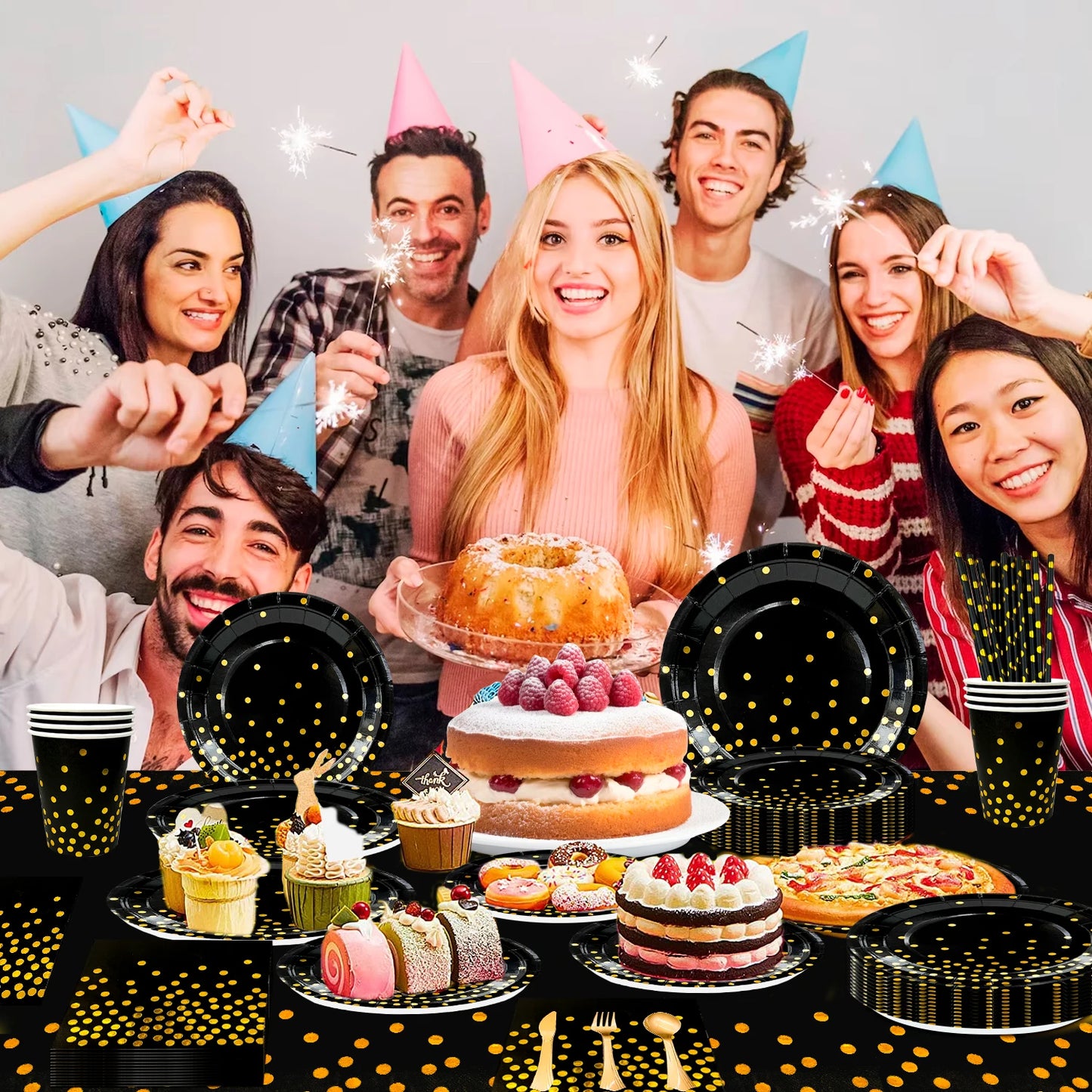 Black & Gold Party Pack – 121pcs Elegant Paper Tableware Set for Special Occasions