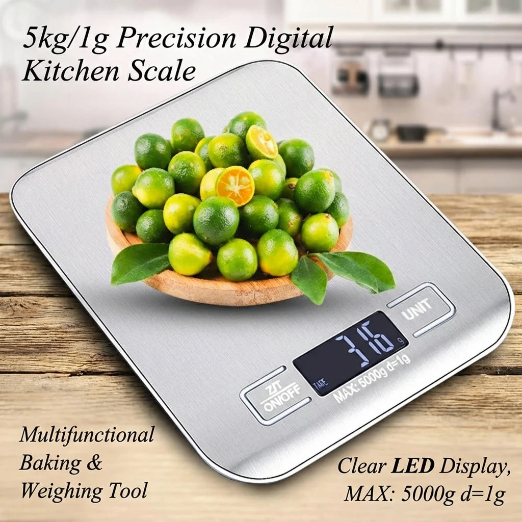Digital Kitchen Scale with LED Display | Stainless Steel Food & Baking Scale 5kg