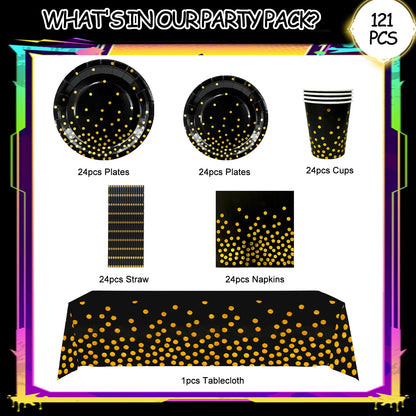Black & Gold Party Pack – 121pcs Elegant Paper Tableware Set for Special Occasions