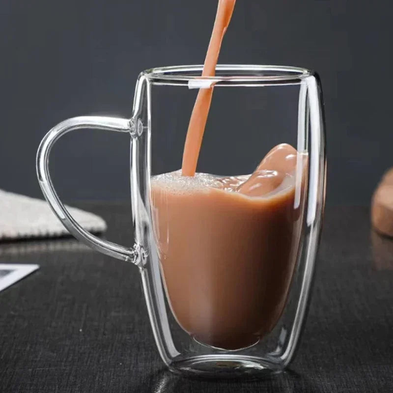 Heat Resistant Clear Double Wall High Borosilicate Glass Mug with Handle Coffee Milk Juice Water Cup Coffeeware Lover Gift