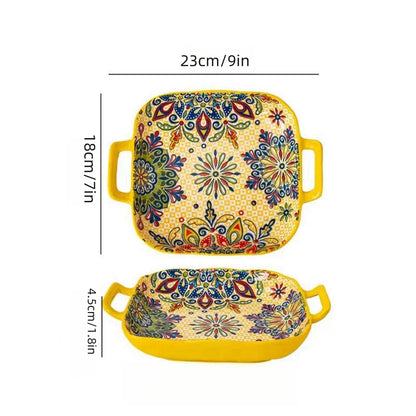 Bohemian Ceramic Pasta Plate 9-Inch – Square Salad Dish, Oven & Microwave Safe