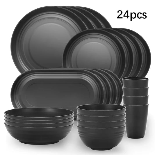 24pcs Camping plastic cutlery set with plates, bowls, cups and serving plates