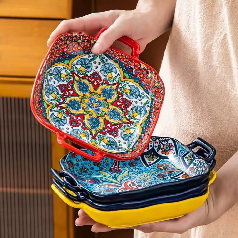 Bohemian Ceramic Pasta Plate 9-Inch – Square Salad Dish, Oven & Microwave Safe