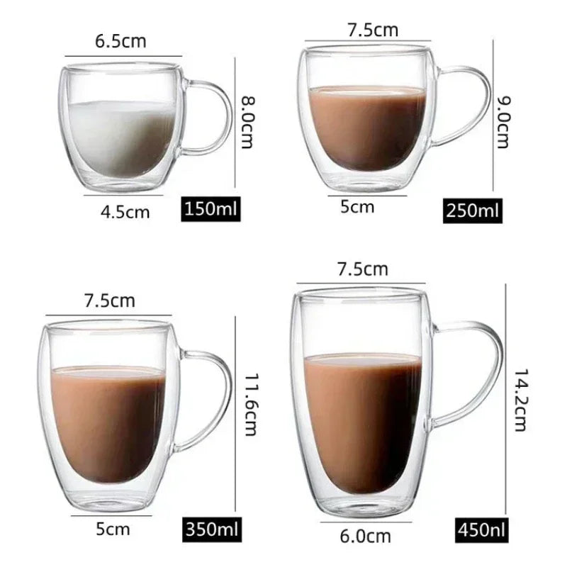 Heat Resistant Clear Double Wall High Borosilicate Glass Mug with Handle Coffee Milk Juice Water Cup Coffeeware Lover Gift