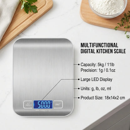 Digital Kitchen Scale with LED Display | Stainless Steel Food & Baking Scale 5kg