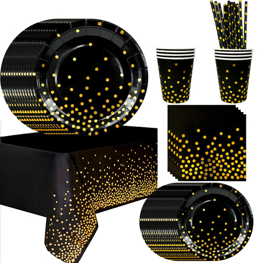 Black & Gold Party Pack – 121pcs Elegant Paper Tableware Set for Special Occasions