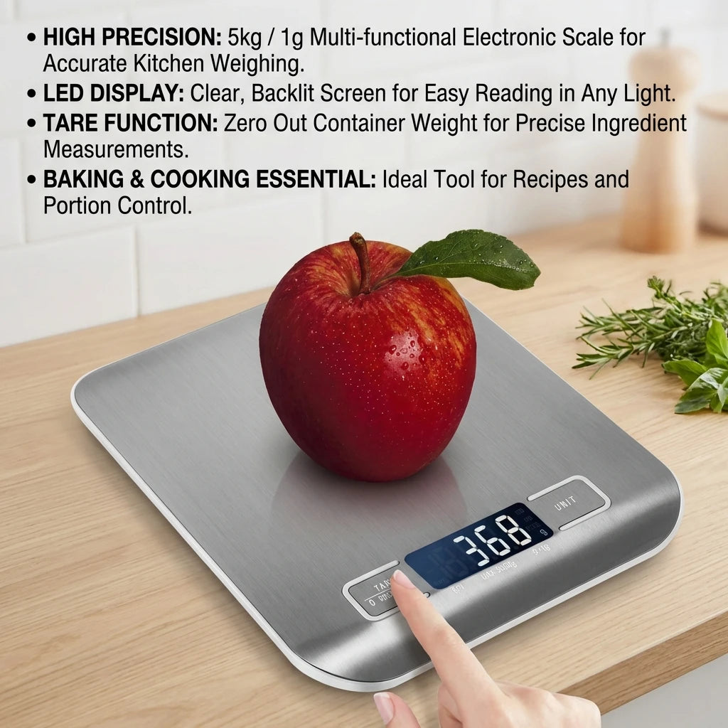 Digital Kitchen Scale with LED Display | Stainless Steel Food & Baking Scale 5kg