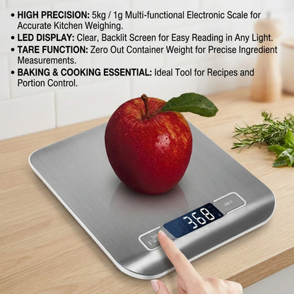 Digital Kitchen Scale with LED Display | Stainless Steel Food & Baking Scale 5kg