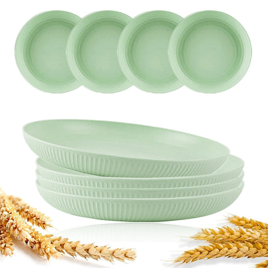 8Pcs Round Plastic Wheat Straw Plates Stackable Unbreakable