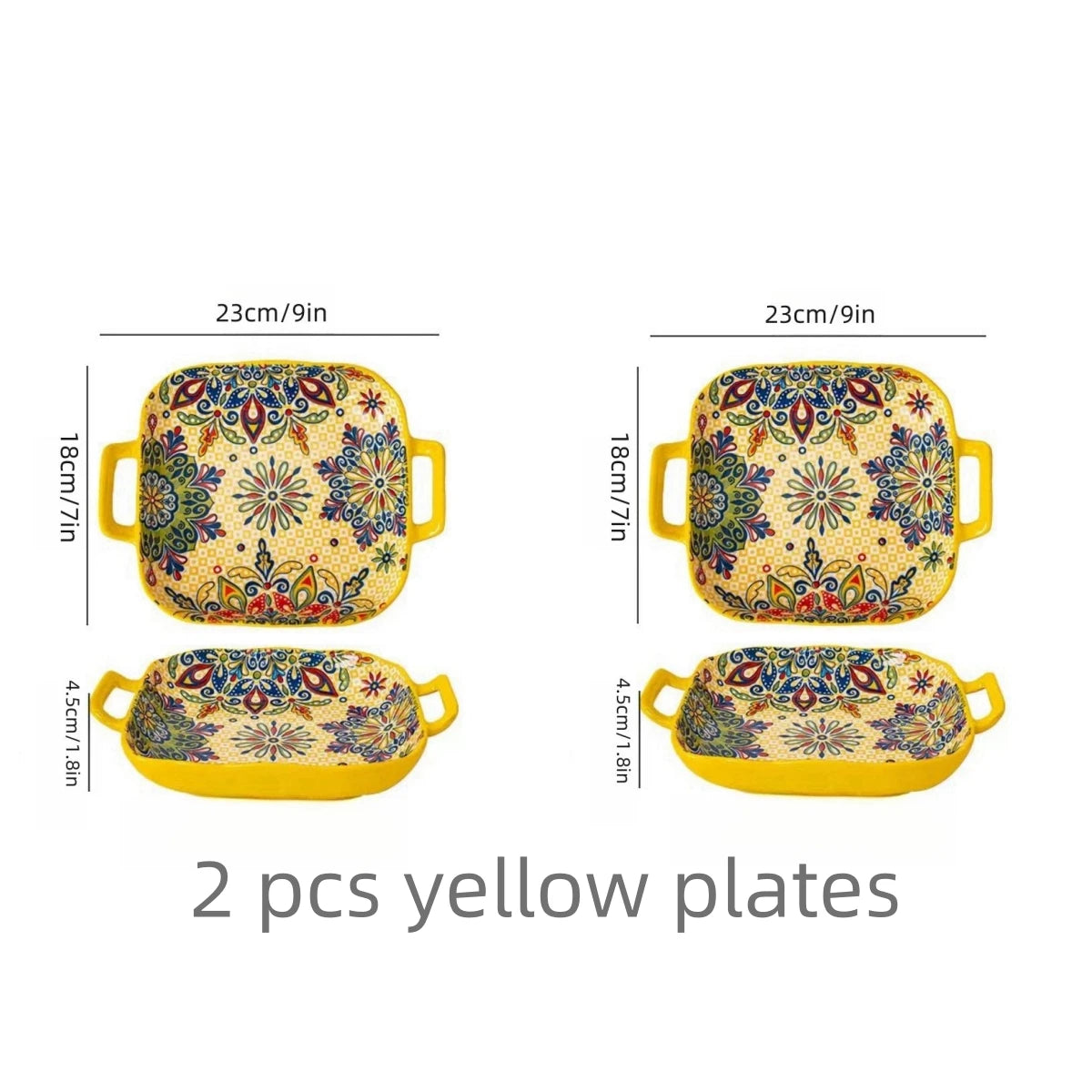 Bohemian Ceramic Pasta Plate 9-Inch – Square Salad Dish, Oven & Microwave Safe