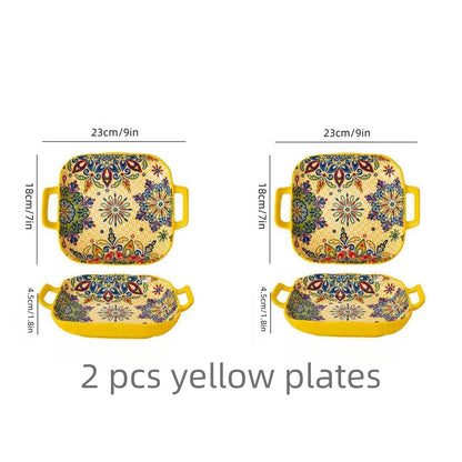 Bohemian Ceramic Pasta Plate 9-Inch – Square Salad Dish, Oven & Microwave Safe