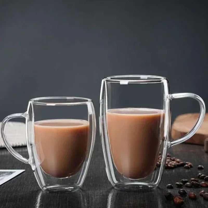 Heat Resistant Clear Double Wall High Borosilicate Glass Mug with Handle Coffee Milk Juice Water Cup Coffeeware Lover Gift